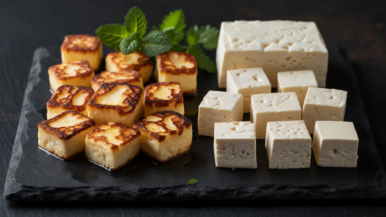 Seared Halloumi, Queso Blanco, and tofu cubes arranged on a slate board