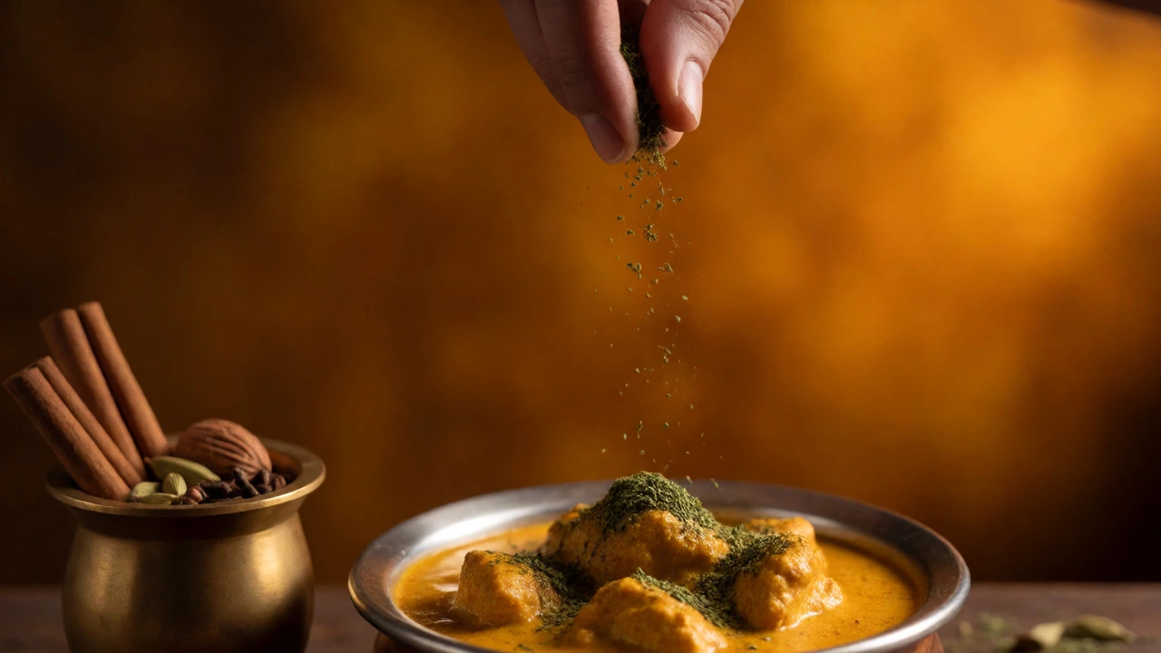 Sprinkling dried fenugreek and garam masala onto finished chicken curry