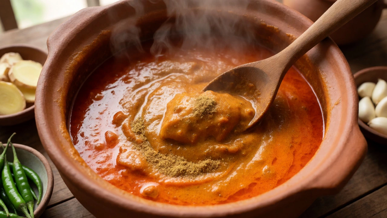 Stirring coriander powder into a simmering tomato-based chicken curry