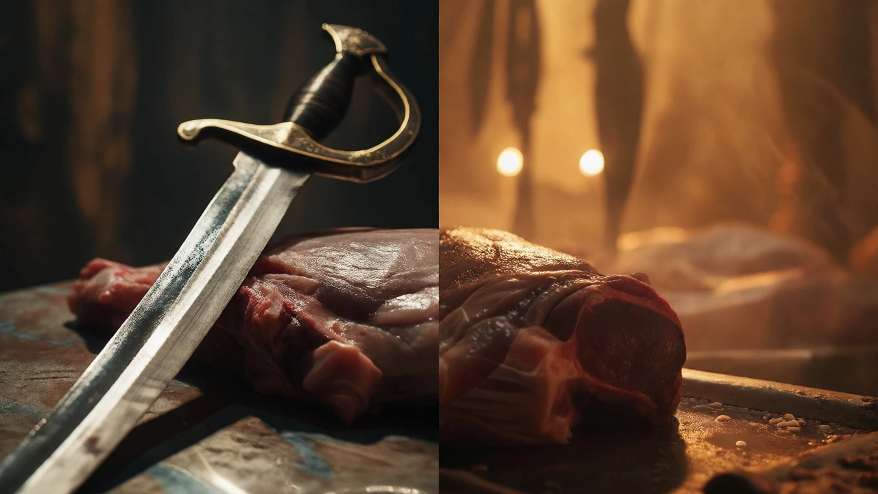 Symbolic contrast between Jhatka and Halal meat preparation methods.