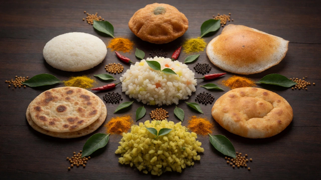Top-down view of various Indian breakfast dishes arranged in a circular pattern.