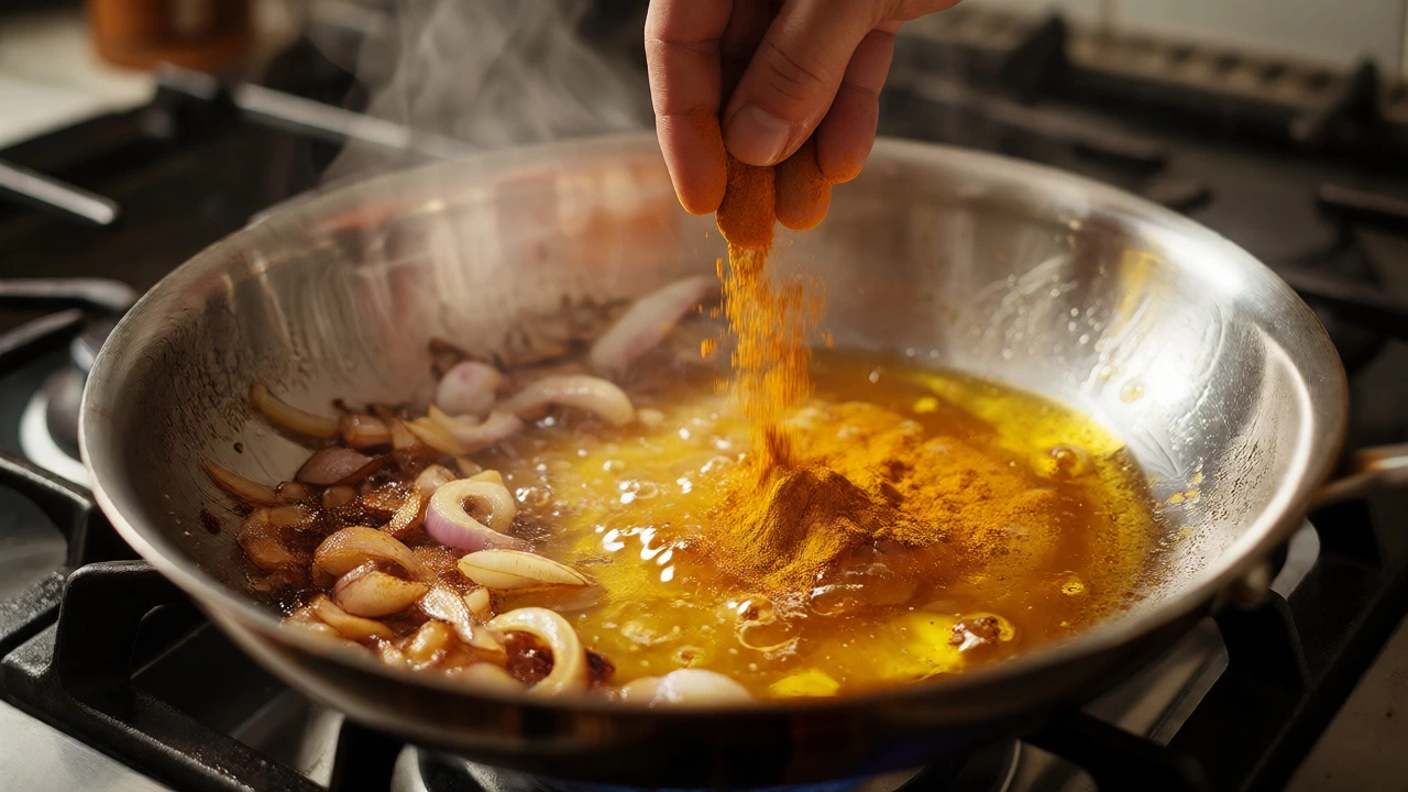 Turmeric powder being added to hot ghee and onions in a pan to bloom.