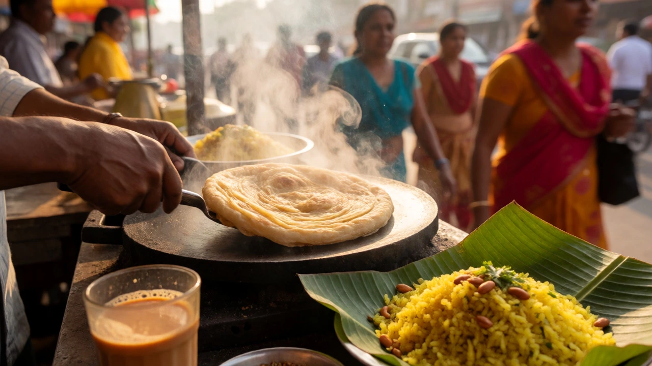 Vendor cooking a stuffed Paratha at a busy street stall next to a bowl of Poha.