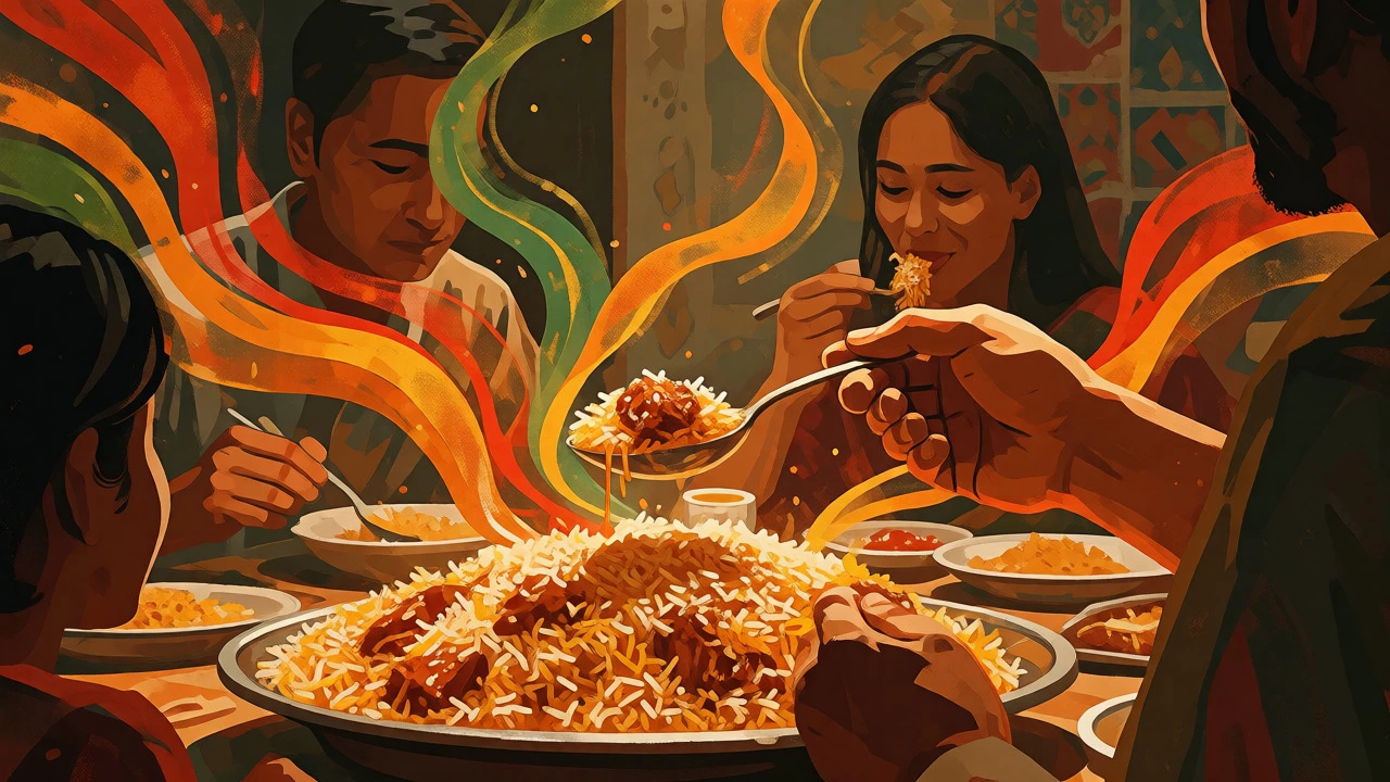 Artistic depiction of a family enjoying Biryani with swirling aromatic visuals