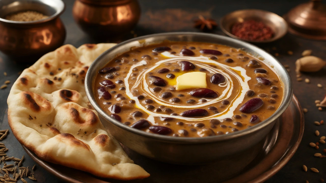 Bowl of creamy Dal Makhani with naan bread and spices