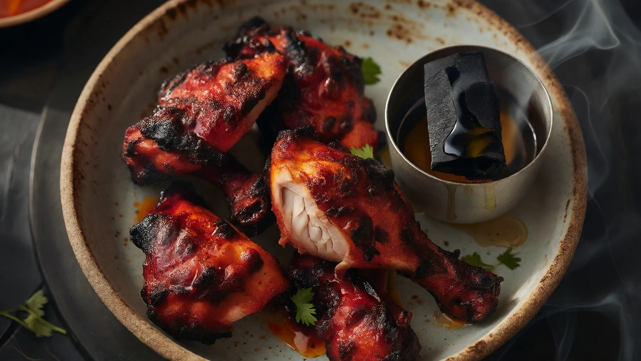 Charred tandoori chicken on a plate with smoking charcoal
