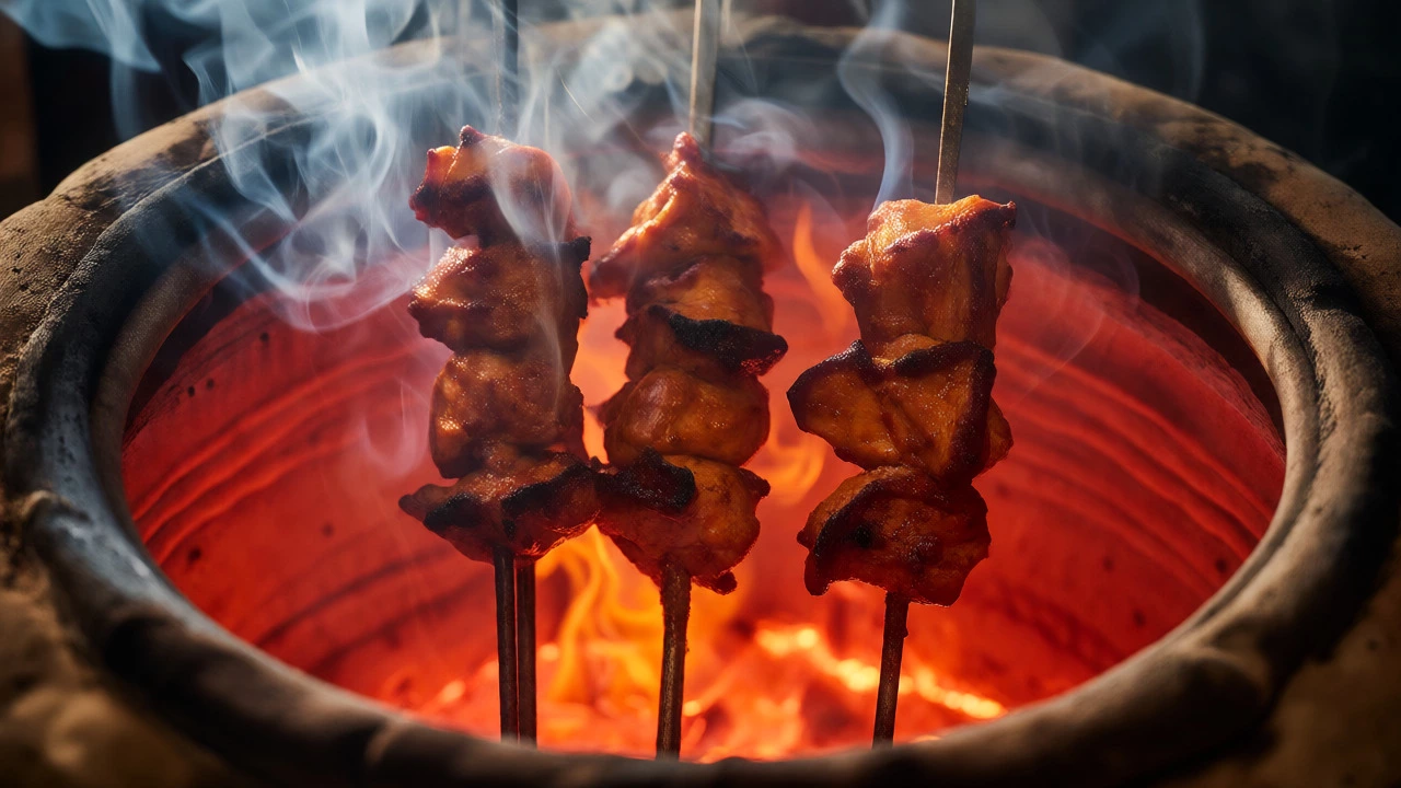 Chicken skewers cooking inside a glowing hot clay tandoor oven
