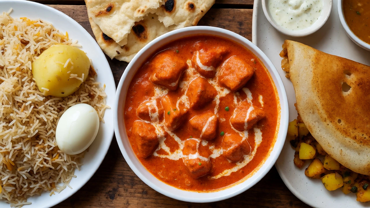 Comparison spread of Kolkata Biryani, Butter Chicken, and Masala Dosa on a wooden table