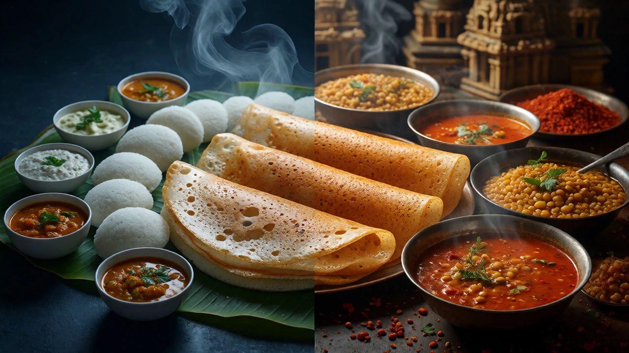Contrasting Udupi dosas and Idlis with South Indian Rasam and lentil dishes.