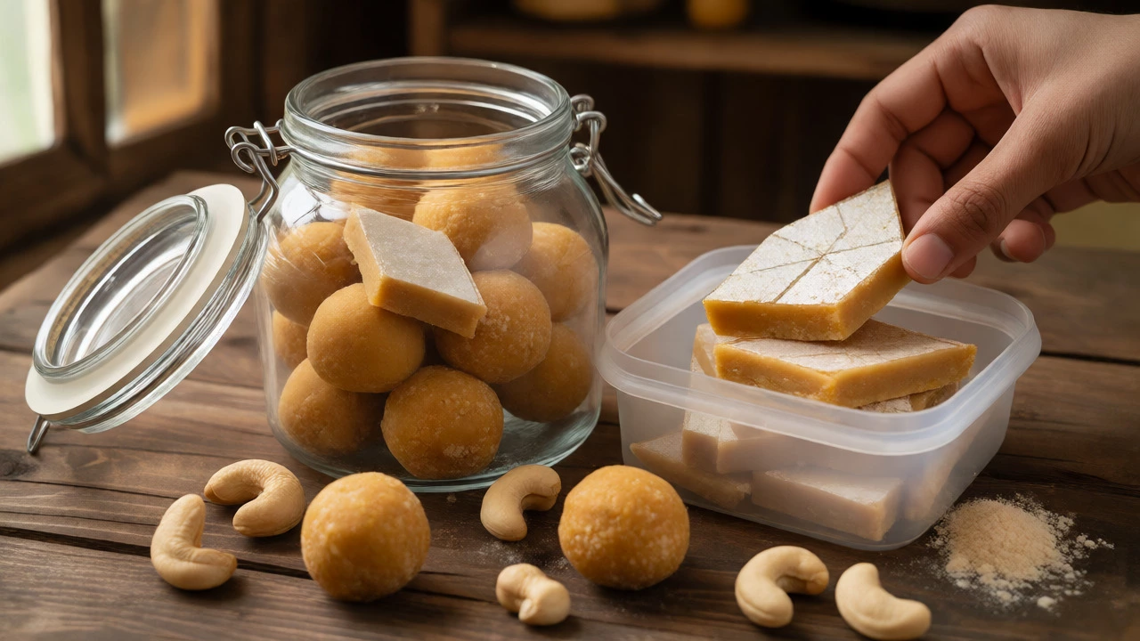 Glass jar of Besan Ladoos and Kaju Katli being stored in an airtight container on a wooden table.