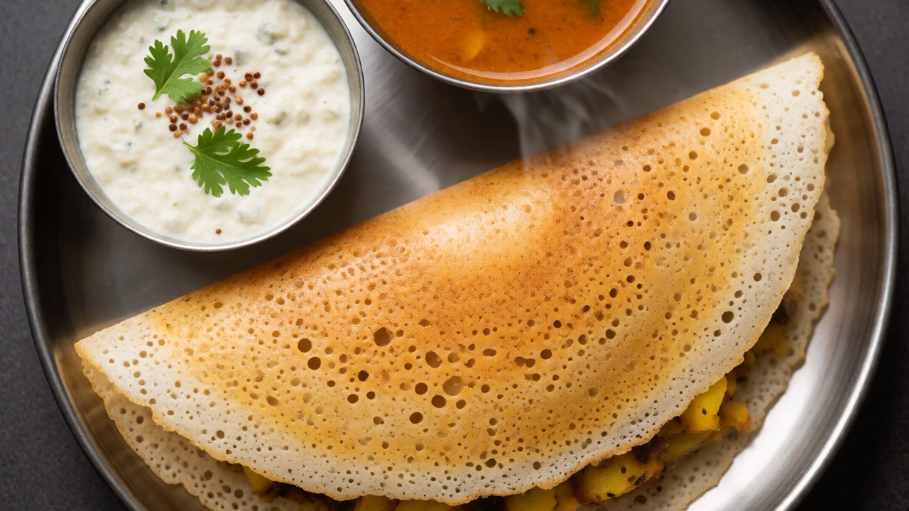 Golden masala dosa served with coconut chutney and sambar on a steel plate.