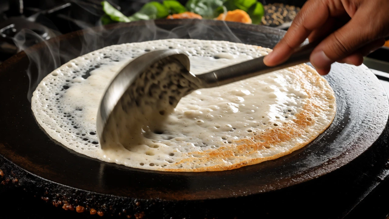 Hands spreading batter on a hot tawa to make a crispy golden dosa without fenugreek.