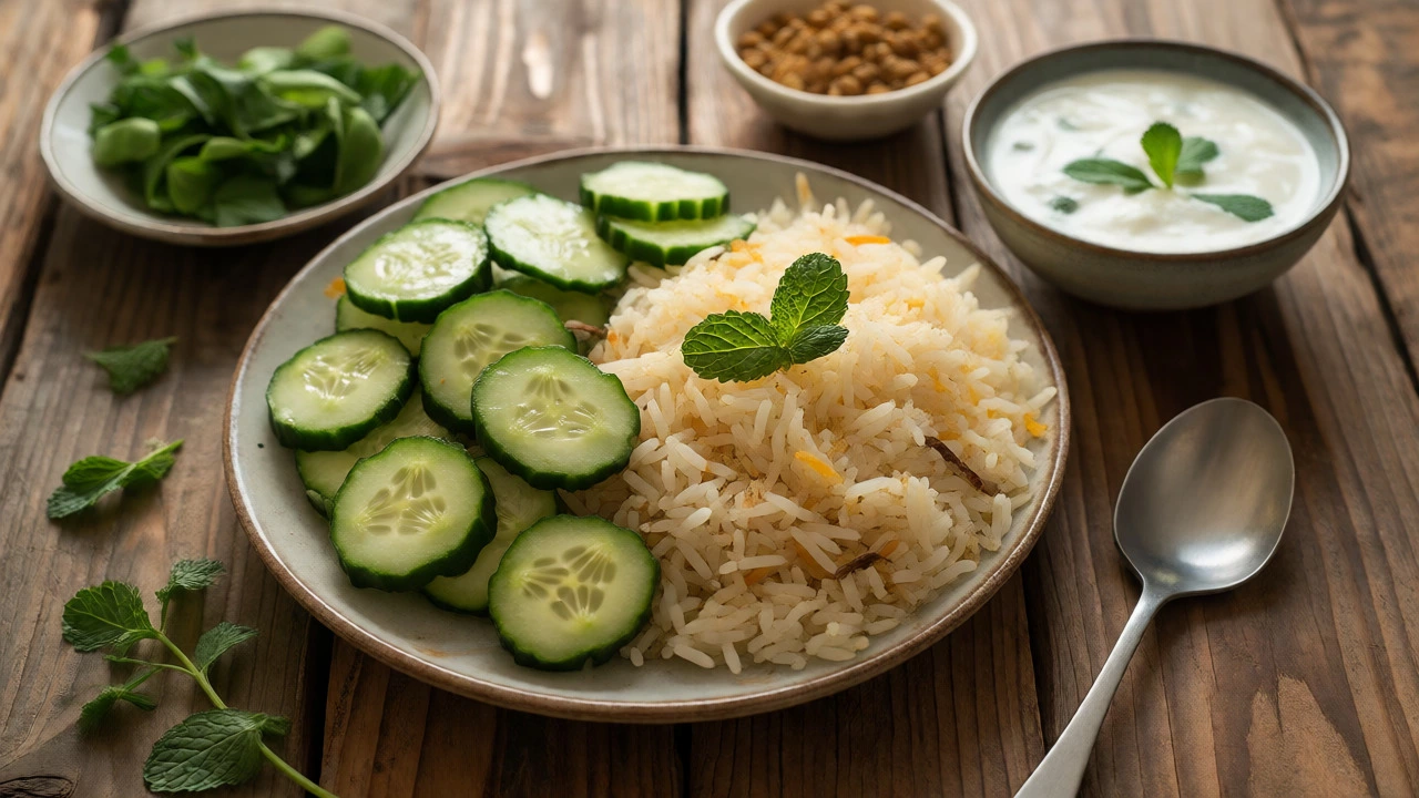 Healthy biryani portion served with large cucumber salad and raita