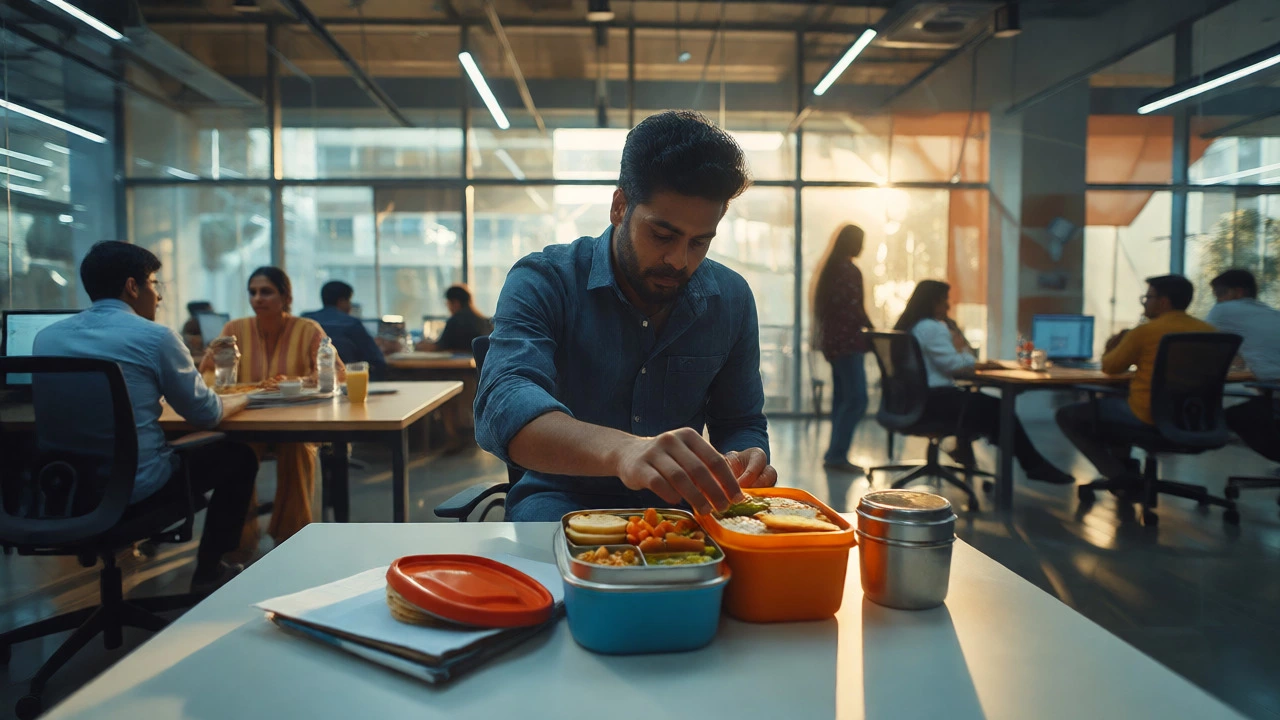 Office worker unpacking a traditional tiffin lunch box at their desk.