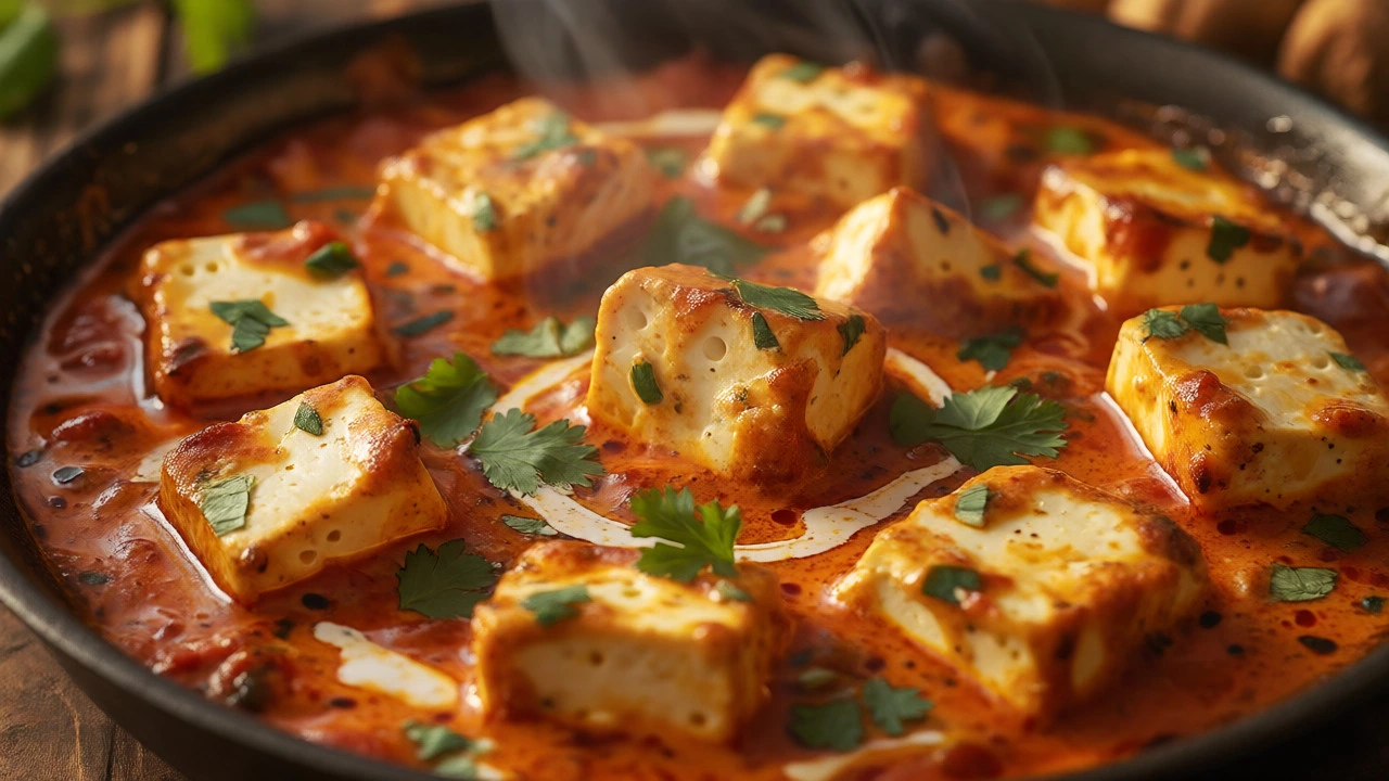 Soft paneer cubes simmering in a creamy tomato curry with herbs
