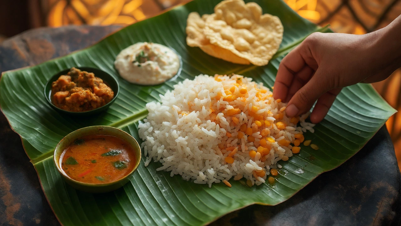 South Indian meal served on a banana leaf with rice, sambar, and chutney.