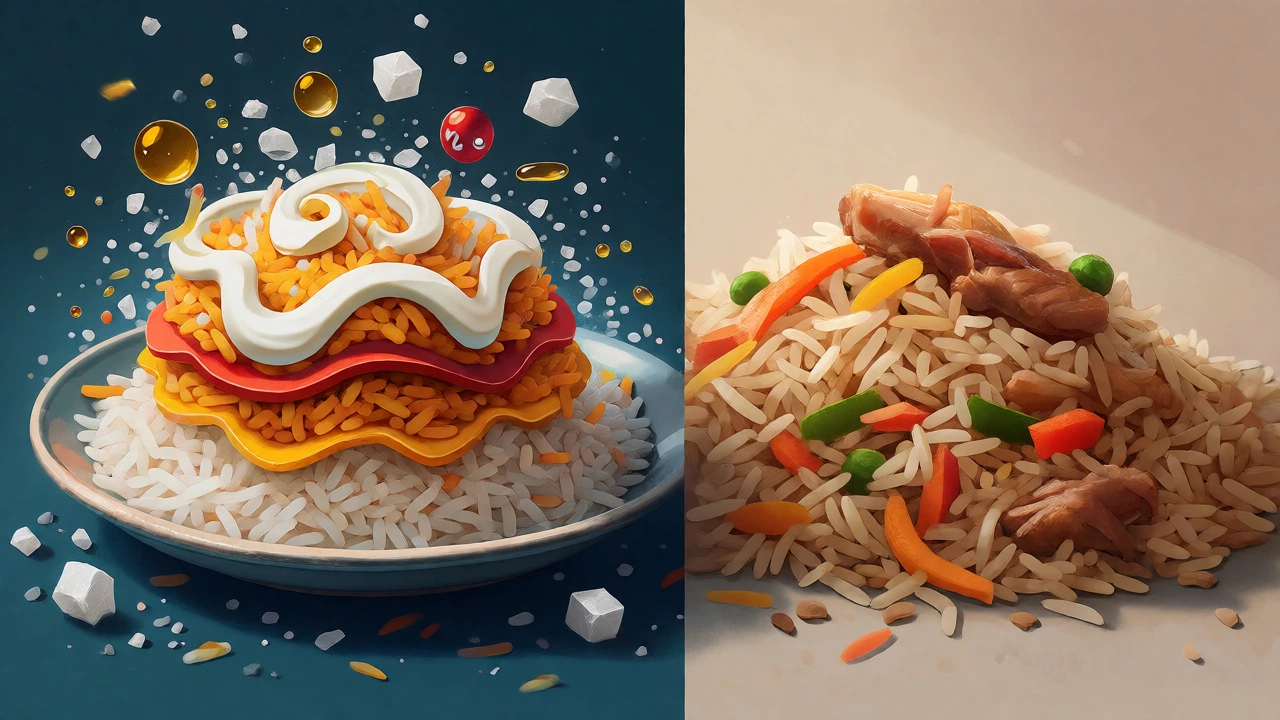 Split view comparing greasy restaurant biryani with veggie-rich homemade version