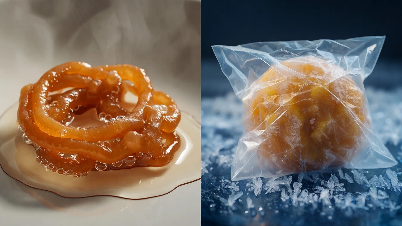 Split view of Jalebi in thin syrup versus a Motichoor Ladoo wrapped for freezing.