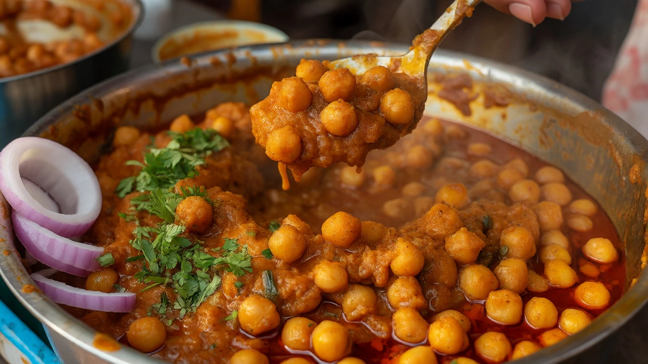 Spoonful of spicy Chana Masala chickpea curry with garnish