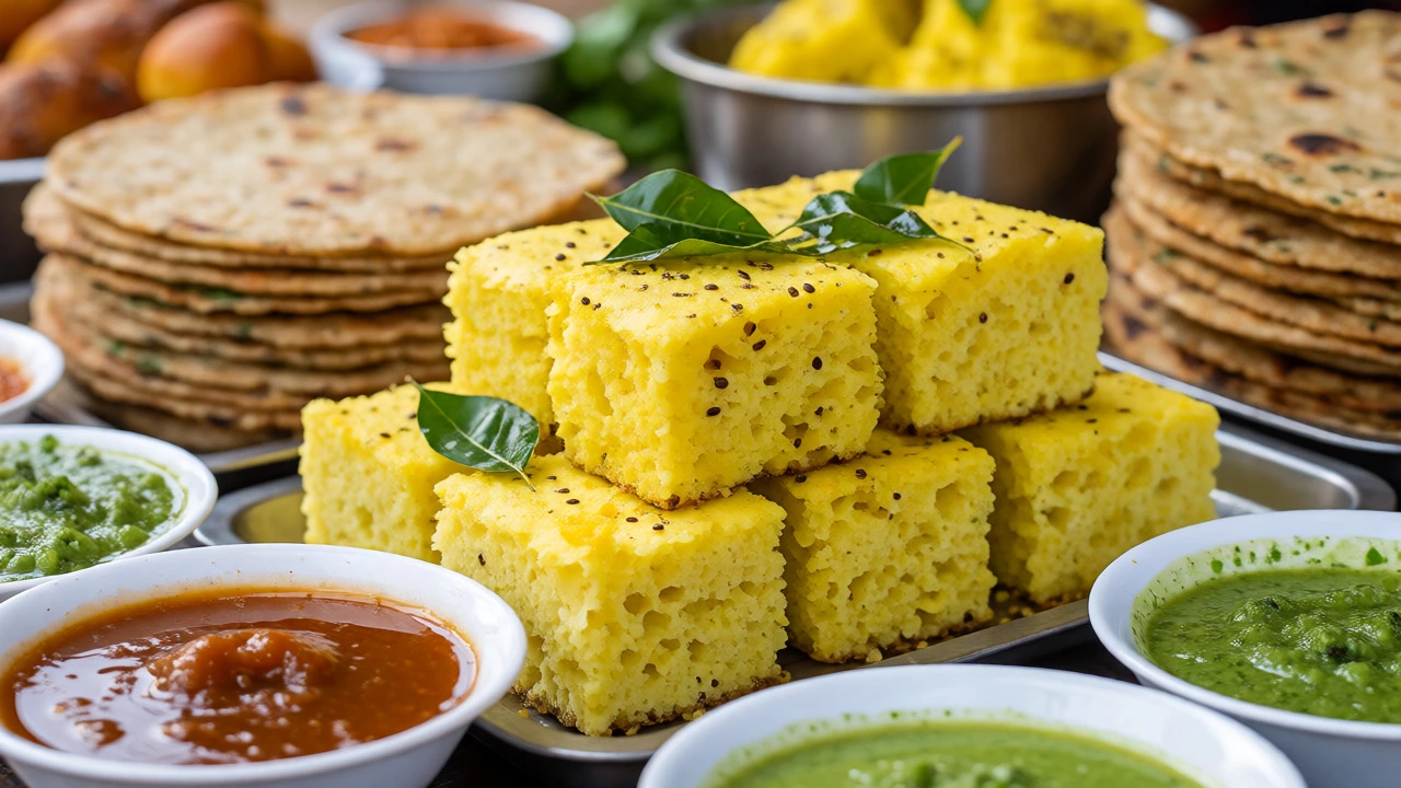 Steaming Gujarati Dhokla and Thepla flatbreads with chutneys at a vibrant street food stall.
